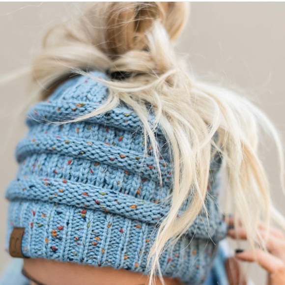 C.C Accessories - C.C Denim Color Confetti Messy-bun Beanie New